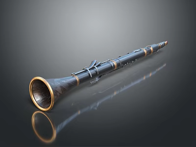 Black Wooden Clarinet with Gold Accents and Reflection on Black Background Surface 3d model