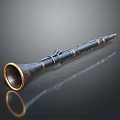 Black Wooden Clarinet with Gold Accents and Reflection on Black Background Surface