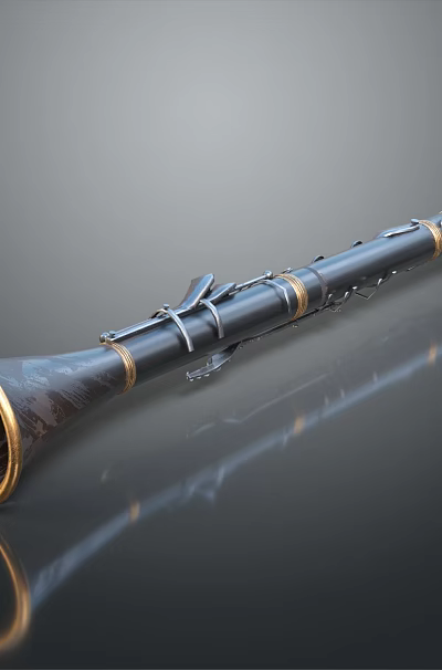 Black Wooden Clarinet with Gold Accents and Reflection on Black Background Surface 3d model