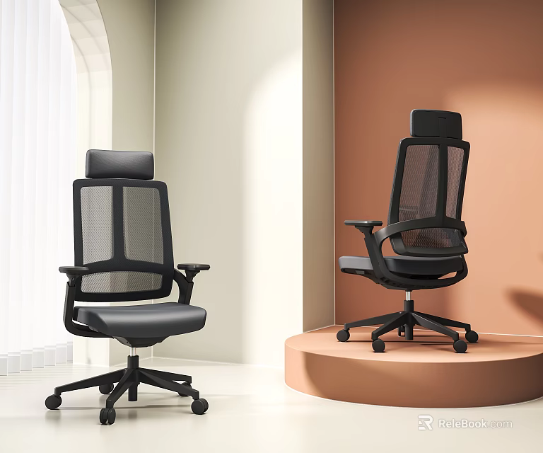 Modern Black Office Chairs With Mesh Back Headrest And Armrests On Platform 3d model 