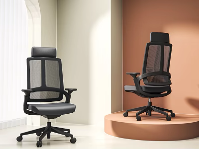 Modern Black Office Chairs With Mesh Back Headrest And Armrests On Platform 3d model