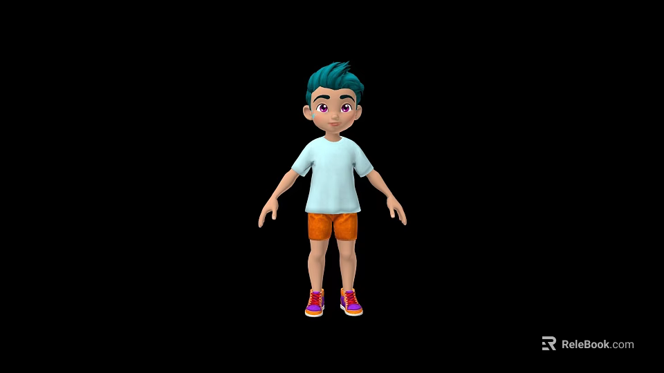 Man With Blue Green Hair White T-Shirt Orange Shorts Pink Purple Shoes On Black Background 3d model 
