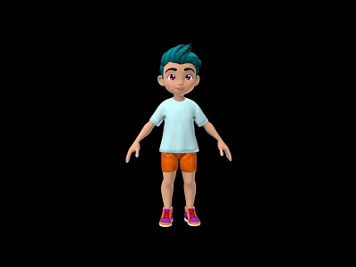 Man With Blue Green Hair White T-Shirt Orange Shorts Pink Purple Shoes On Black Background 3d model