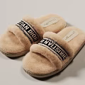 Beige Fluffy Home Slippers With Black Letter Straps And Logo Design