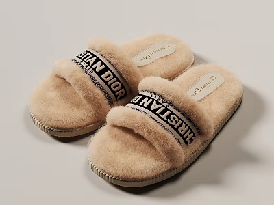 Beige Fluffy Home Slippers With Black Letter Straps And Logo Design 3d model