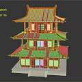 Cartoon Scene Traditional Chinese Three Story Tower With Red Body Blue Roof And Orange Decorations