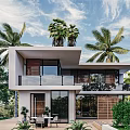 Contemporary Detached Villa With Outdoor Swimming Pool Palm Trees Sun Loungers And Striped Umbrellas