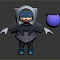 Cartoon Game Character In Hooded Cloak With Purple Eyes Blue Boots And Purple Spherical Object