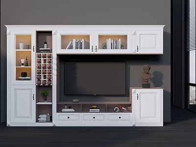 Modern White TV Cabinet With Storage Shelves Open Compartments And Decorative Items 3d model