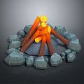 Burning Tree Logs in Stone Circle with Flames and Dark Background 3d model