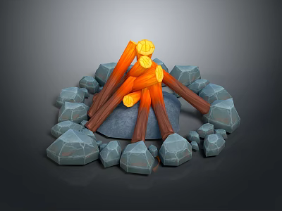 Burning Tree Logs in Stone Circle with Flames and Dark Background 3d model