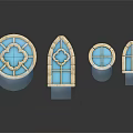 Various Shaped Casement Windows With Blue Glass And Stone Frames Reflections 3d model