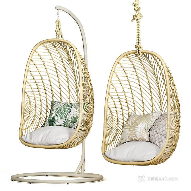 Stylish Rattan Hanging Armchairs With Comfortable Leaf Patterned Pillows And Rope Hangers 3d model 
