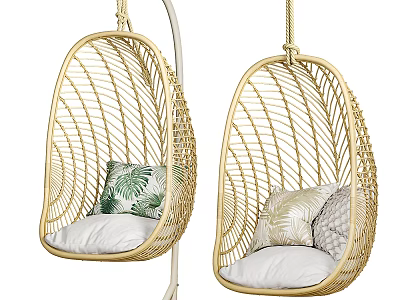 Stylish Rattan Hanging Armchairs With Comfortable Leaf Patterned Pillows And Rope Hangers 3d model