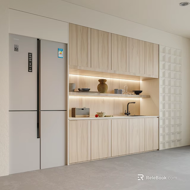 Modern Kitchen Light Wood Sideboard with LED Strip Lights Open Shelves and Decorative Bowls 3d model 
