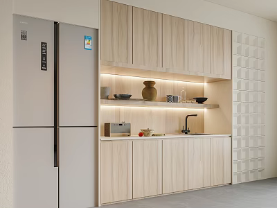 Modern Kitchen Light Wood Sideboard with LED Strip Lights Open Shelves and Decorative Bowls 3d model