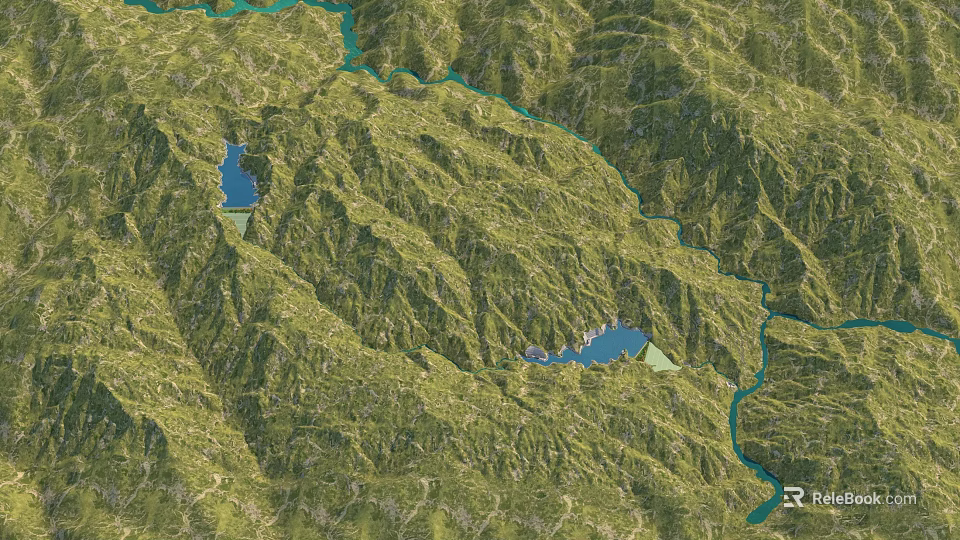 Natural Mountainous Landscape With Green Vegetation Winding River And Blue Lakes 3d model 
