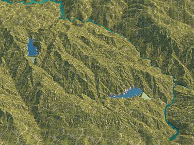 Natural Mountainous Landscape With Green Vegetation Winding River And Blue Lakes 3d model