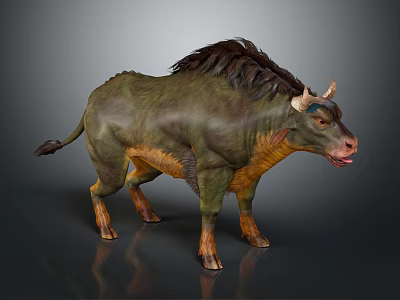 Mythical Bovine Creature With Green Yellow Skin Brown Mane And Horns 3d model
