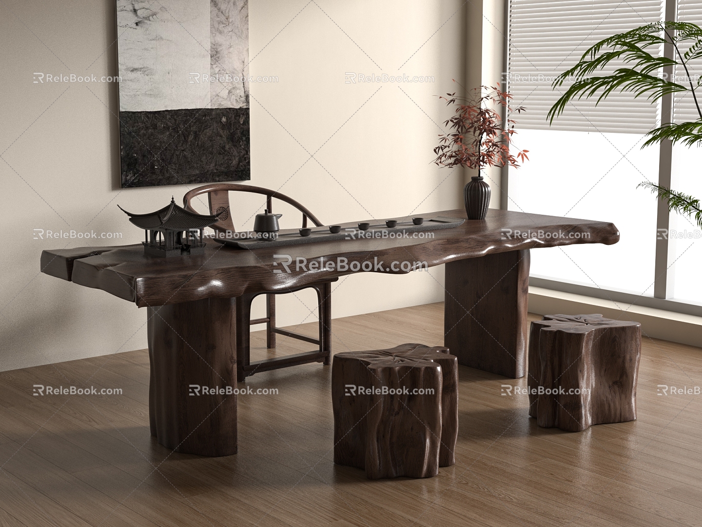 Modern Tea Table and Chair Combination Solid Wood Tea Table Tea Table 3d model