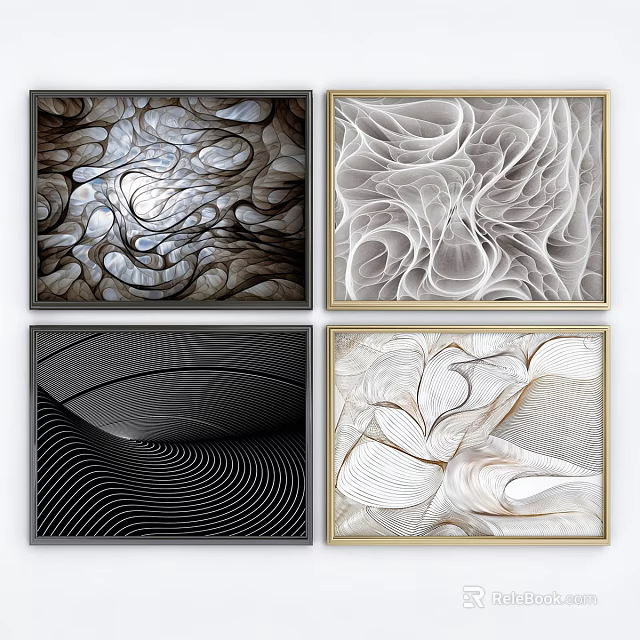 Decorative Abstract Paintings Featuring Black White Geometric Lines Wavy Textures And Gold Frames 3d model