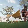 Camping Site With Yellow Tent Treehouse And Outdoor Tables On Green Grassland