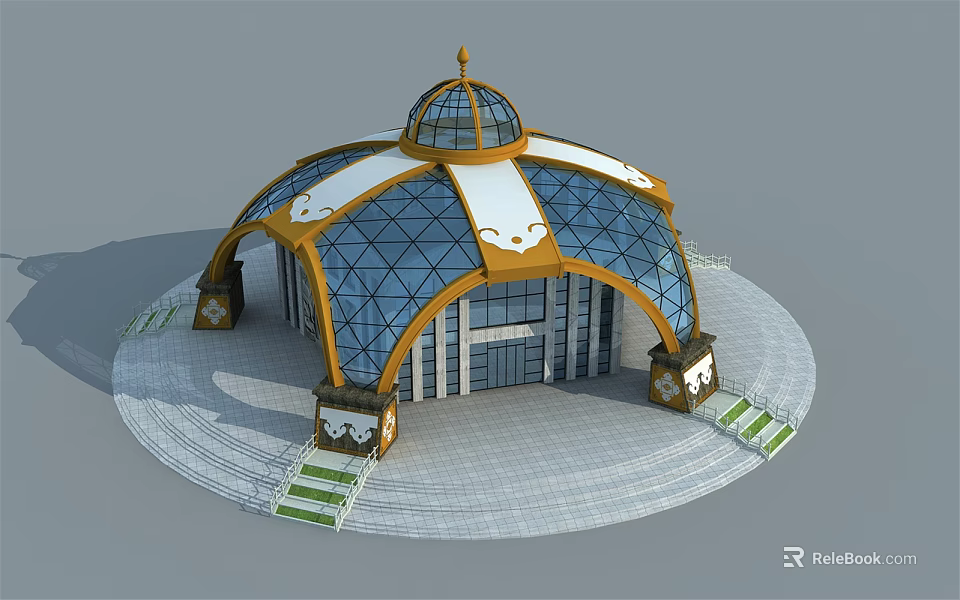 Domed Building Design Featuring Glass Dome Yellow White Decorations Circular Platform And Steps 3d model 