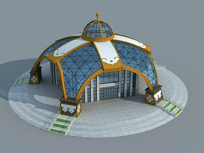 Domed Building Design Featuring Glass Dome Yellow White Decorations Circular Platform And Steps 3d model