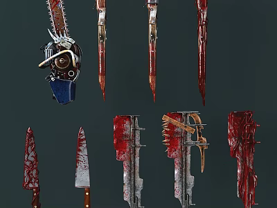 Bloody Weapons Display Featuring Hanging Chainsaw And Various Sharp Knives On Dark Background 3d model