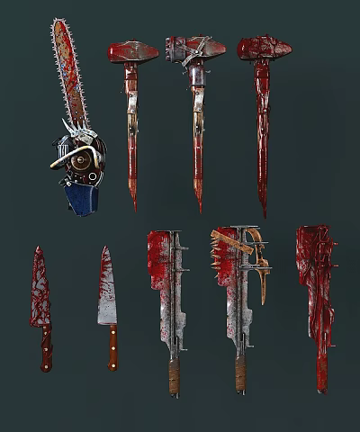 Bloody Weapons Display Featuring Hanging Chainsaw And Various Sharp Knives On Dark Background 3d model
