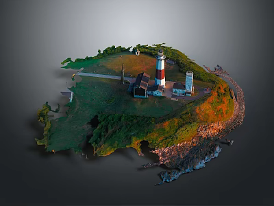 Lighthouse On Small Island With Red White Stripes Green Grass Rocky Shore And Small Buildings 3d model