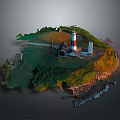 Lighthouse On Small Island With Red White Stripes Green Grass Rocky Shore And Small Buildings