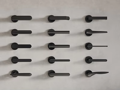 Black Door Handles Neatly Arranged In Multiple Rows On Light Colored Background 3d model