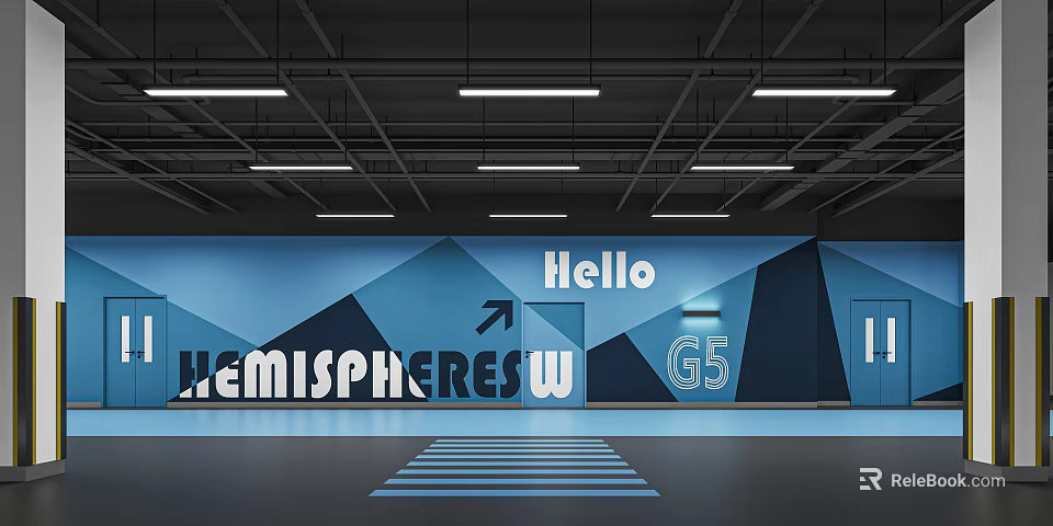 Modern Parking Lot With Blue Geometric Walls Ceiling Lights Striped Floor And Directional Signage 3d model 