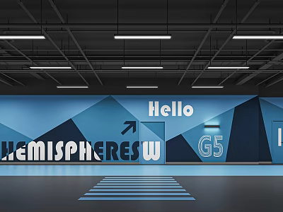 Modern Parking Lot With Blue Geometric Walls Ceiling Lights Striped Floor And Directional Signage 3d model