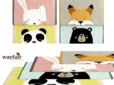 Square Rugs with Cute Animal Face Designs in Soft Pastel Colors for Kids Rooms 3d model