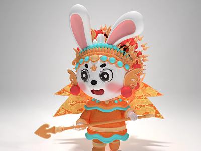 Cute Cartoon Rabbit Character In Traditional Costume With Ornate Headdress And Golden Spear 3d model