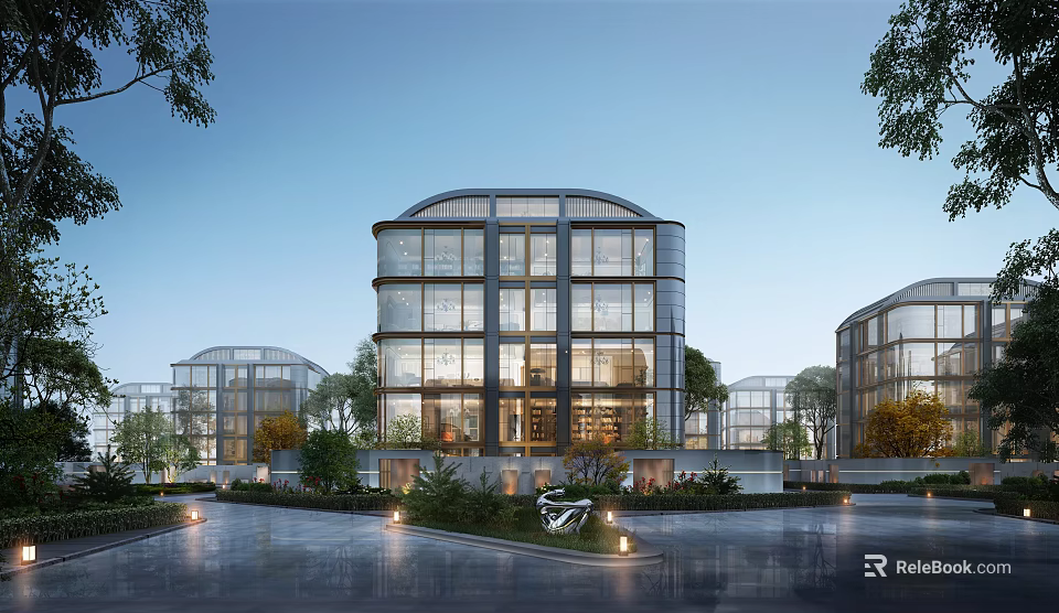 Modern Residential Building With Glass Curtain Walls And Lush Greenery Surroundings 3d model 
