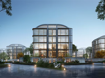 Modern Residential Building With Glass Curtain Walls And Lush Greenery Surroundings 3d model