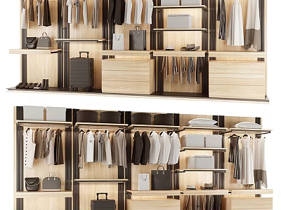 Modern Wooden Wardrobe Storage Design With Hanging Clothes Drawers Bags And Shoes 3d model