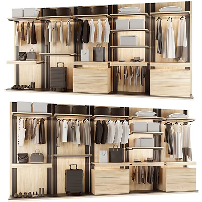 Modern Wooden Wardrobe Storage Design With Hanging Clothes Drawers Bags And Shoes 3d model