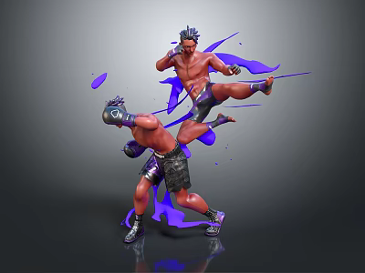 3D Rendered Two Muay Thai Fighting Characters With Purple Effects And Dynamic Moves 3d model