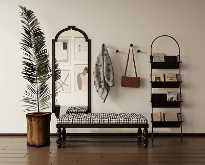 White Wall Interior Featuring Checkered Bench Large Mirror Black Shelf Potted Plant And Decor 3d model