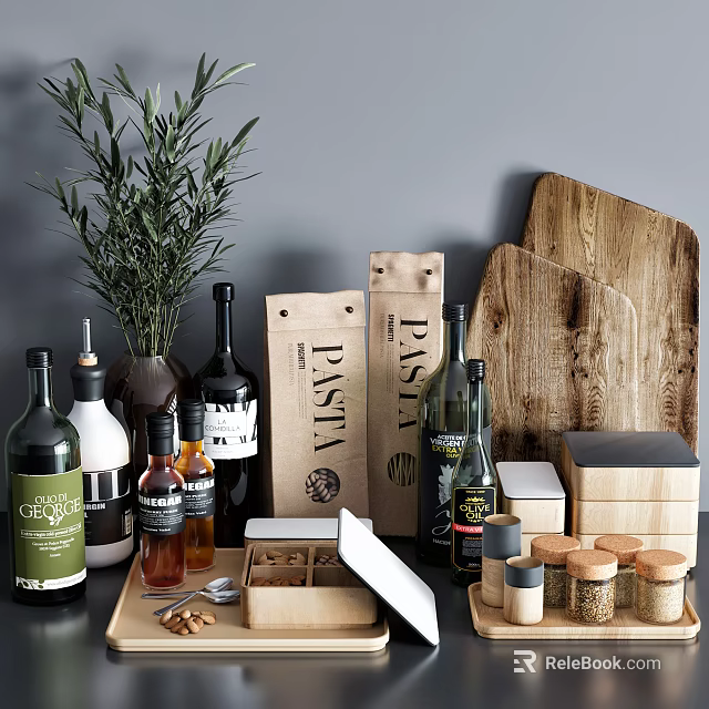 Modern Kitchenware Collection With Wooden Cutting Boards Glass Bottles Spice Jars And Pasta Bags 3d model 
