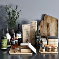 Modern Kitchenware Collection With Wooden Cutting Boards Glass Bottles Spice Jars And Pasta Bags