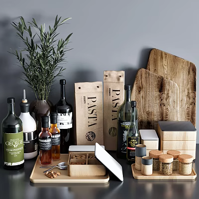 Modern Kitchenware Collection With Wooden Cutting Boards Glass Bottles Spice Jars And Pasta Bags 3d model