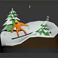 3D Model Scene Featuring Snowboarder In Orange Outfit Origami Style Pine Trees And Snowy Ground