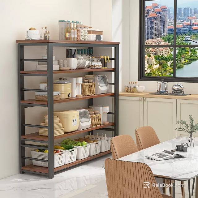 Bright Kitchen With White Cabinets Multi Tiered Storage Shelf And Dining Table 3d model