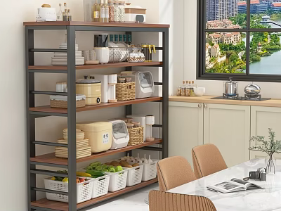 Bright Kitchen With White Cabinets Multi Tiered Storage Shelf And Dining Table 3d model