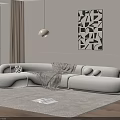 Stylish White Curved Sectional Sofa With Blanket Pillow And Geometric Artwork On Wooden Floor